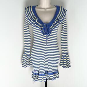 Free People Nautical Striped Knit Dress XS Blue Yellow Ruffle V Neck Long Sleeve